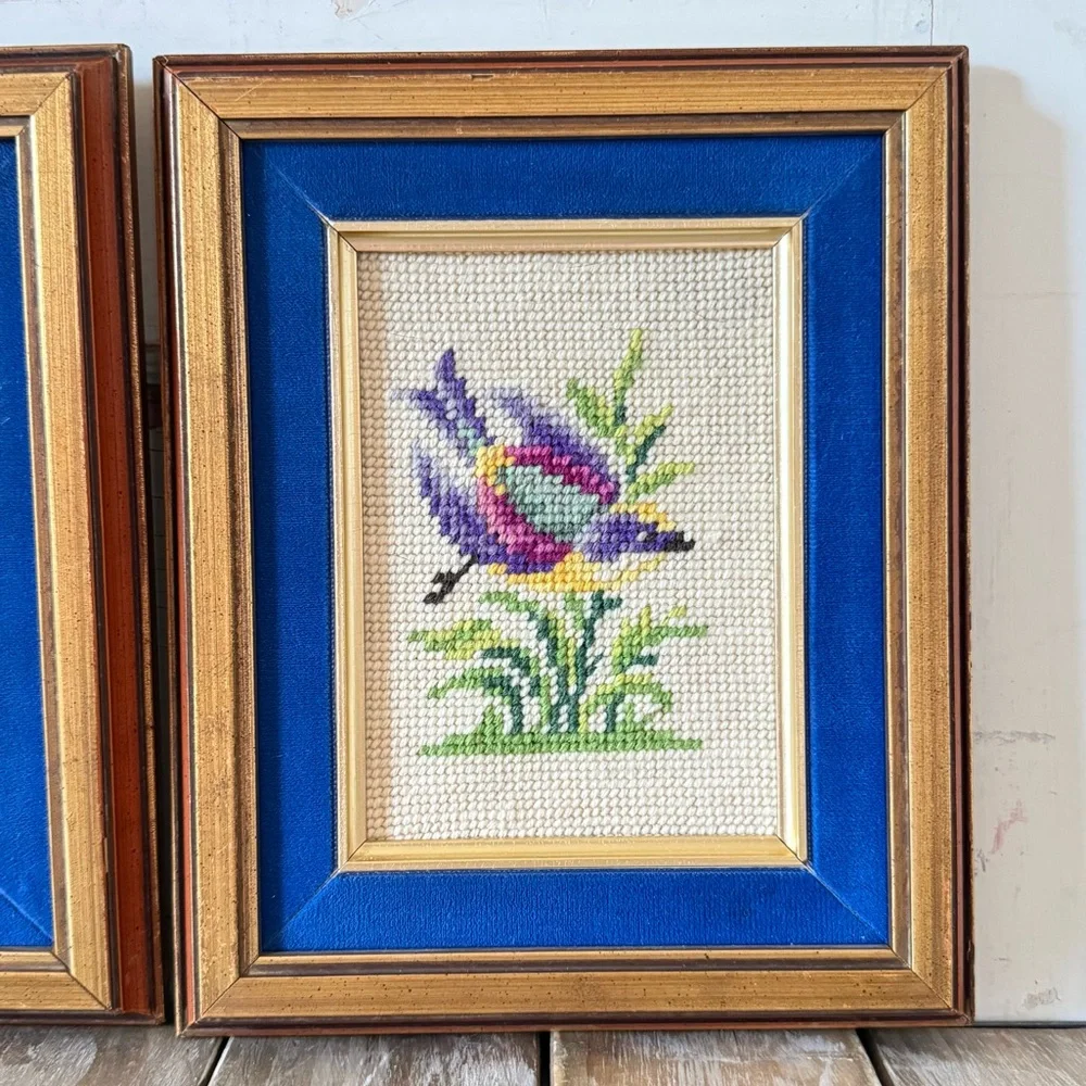 Vintage Bird & Grapes Needlepoint Framed Artwork, Set of 3, Wood Frames - Picture 5 of 7